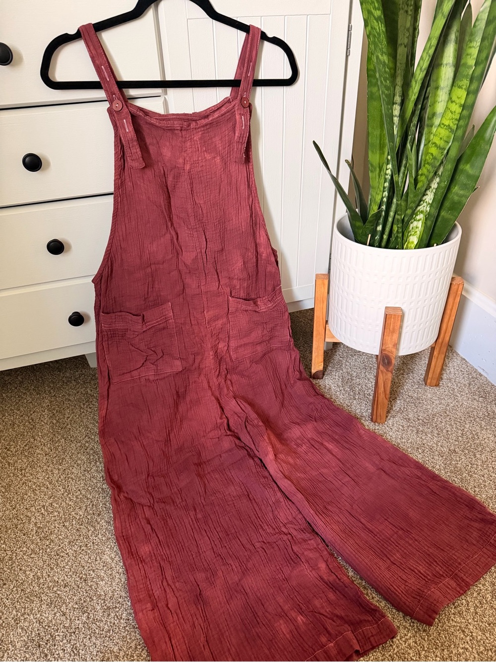 Women’s Washed Burgundy Wide-Leg Overalls Jumpsuit